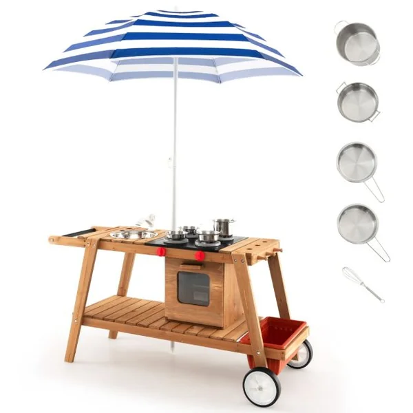 Marchande Enfant avec Accessoires Voiture Restaurant avec Parasol pour Vendeurs Ambulants Bois 114 x 48 x 59 CM