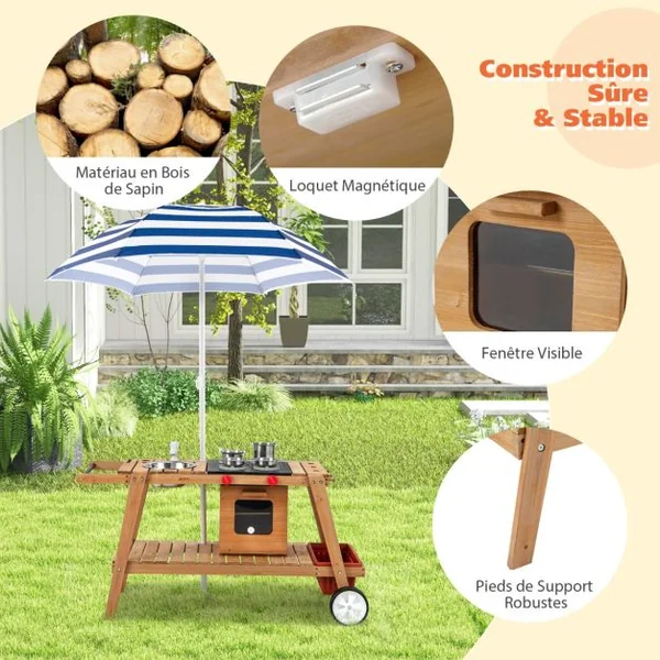 Marchande Enfant avec Accessoires Voiture Restaurant avec Parasol pour Vendeurs Ambulants Bois 114 x 48 x 59 CM