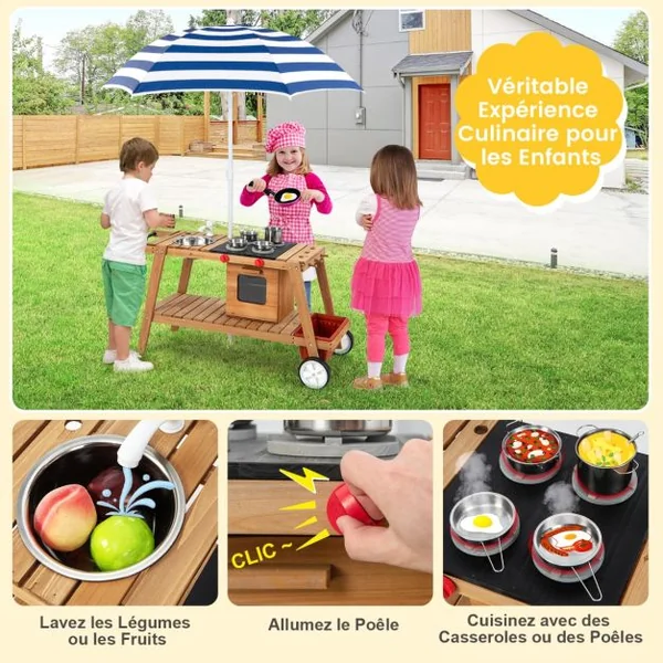 Marchande Enfant avec Accessoires Voiture Restaurant avec Parasol pour Vendeurs Ambulants Bois 114 x 48 x 59 CM