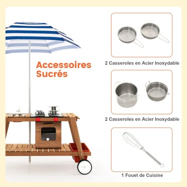 Marchande Enfant avec Accessoires Voiture Restaurant avec Parasol pour Vendeurs Ambulants Bois 114 x 48 x 59 CM