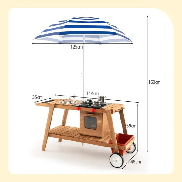 Marchande Enfant avec Accessoires Voiture Restaurant avec Parasol pour Vendeurs Ambulants Bois 114 x 48 x 59 CM