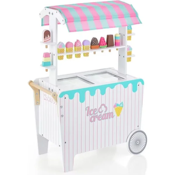 Marchande Enfants 12 Accessoires Chariot à Crème Glacée en Bois 65 x 31 x 87 CM pour Enfants 3 Ans+