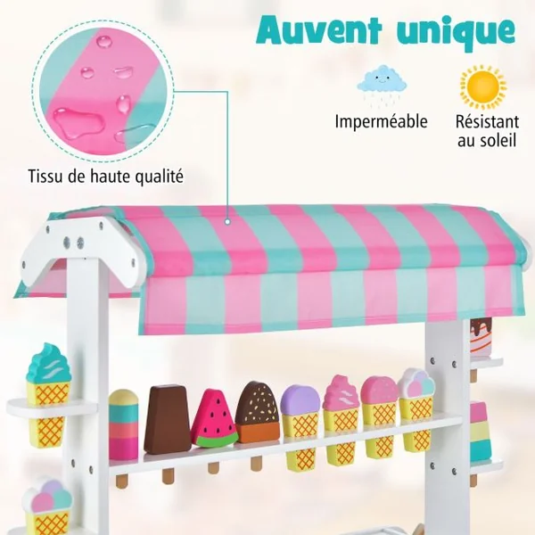 Marchande Enfants 12 Accessoires Chariot à Crème Glacée en Bois 65 x 31 x 87 CM pour Enfants 3 Ans+