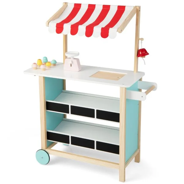 Marchande pour Enfant Chariot à Crème Glacée en Bois Grande Jouet d'Imitation pour Jeux de rôle 79,5x29,5x100cm Dès 3 Ans Vert/Rouge/Blanc