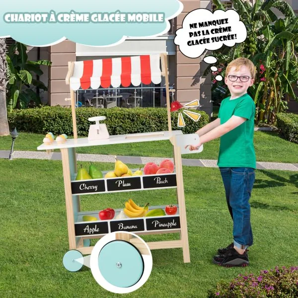 Marchande pour Enfant Chariot à Crème Glacée en Bois Grande Jouet d'Imitation pour Jeux de rôle 79,5x29,5x100cm Dès 3 Ans Vert/Rouge/Blanc