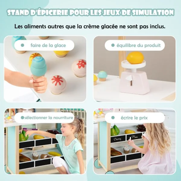 Marchande pour Enfant Chariot à Crème Glacée en Bois Grande Jouet d'Imitation pour Jeux de rôle 79,5x29,5x100cm Dès 3 Ans Vert/Rouge/Blanc