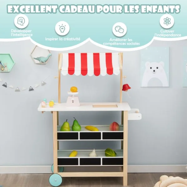 Marchande pour Enfant Chariot à Crème Glacée en Bois Grande Jouet d'Imitation pour Jeux de rôle 79,5x29,5x100cm Dès 3 Ans Vert/Rouge/Blanc