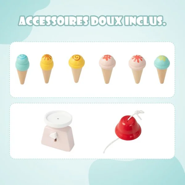 Marchande pour Enfant Chariot à Crème Glacée en Bois Grande Jouet d'Imitation pour Jeux de rôle 79,5x29,5x100cm Dès 3 Ans Vert/Rouge/Blanc