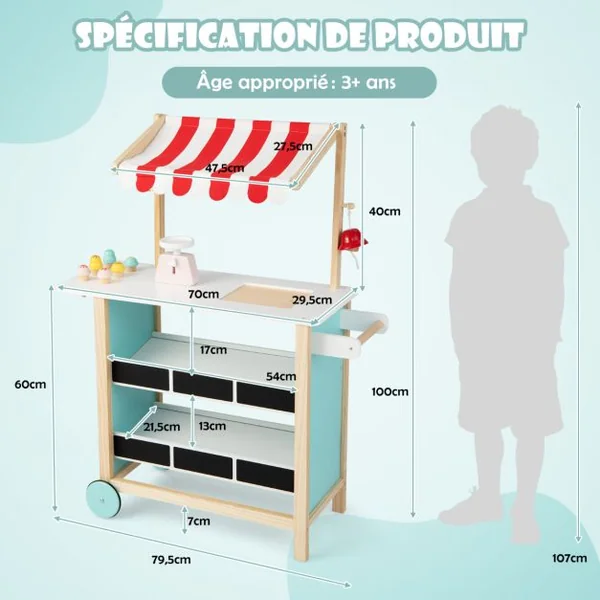 Marchande pour Enfant Chariot à Crème Glacée en Bois Grande Jouet d'Imitation pour Jeux de rôle 79,5x29,5x100cm Dès 3 Ans Vert/Rouge/Blanc
