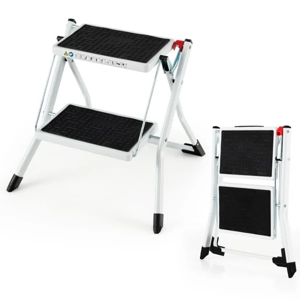 Marchepied 2 Marches Largie Plianté Cadre Métallique Lourd Pédale Antidérapante 50 x 49 x 45 cm Capacité 150 kg Noir + Blanc