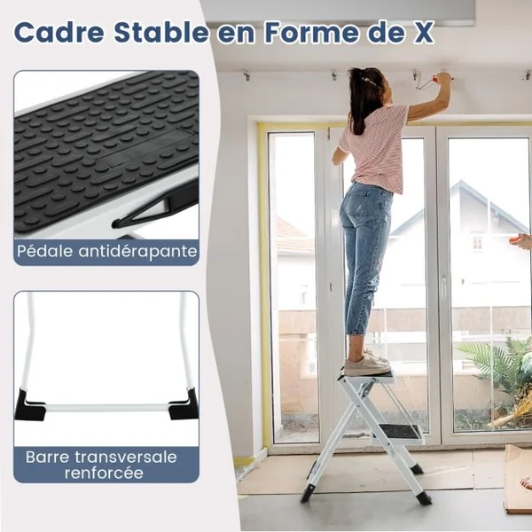 Marchepied 2 Marches Largie Plianté Cadre Métallique Lourd Pédale Antidérapante 50 x 49 x 45 cm Capacité 150 kg Noir + Blanc