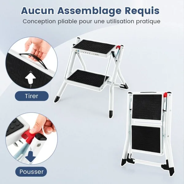 Marchepied 2 Marches Largie Plianté Cadre Métallique Lourd Pédale Antidérapante 50 x 49 x 45 cm Capacité 150 kg Noir + Blanc