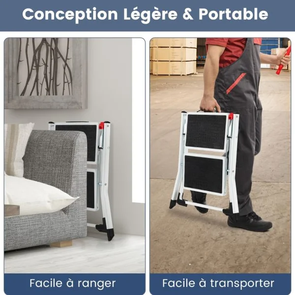 Marchepied 2 Marches Largie Plianté Cadre Métallique Lourd Pédale Antidérapante 50 x 49 x 45 cm Capacité 150 kg Noir + Blanc
