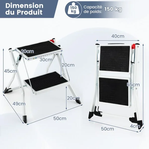 Marchepied 2 Marches Largie Plianté Cadre Métallique Lourd Pédale Antidérapante 50 x 49 x 45 cm Capacité 150 kg Noir + Blanc