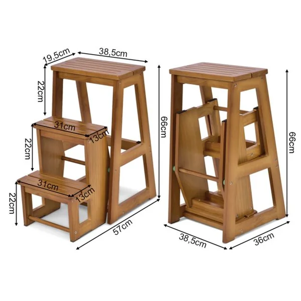 Marchepied 3 Marches Escabeau Pliant 3 Marches Siège Capacité 130-150kg en Bois de Sapin 57x38x65cm Couleur Brun/Naturel