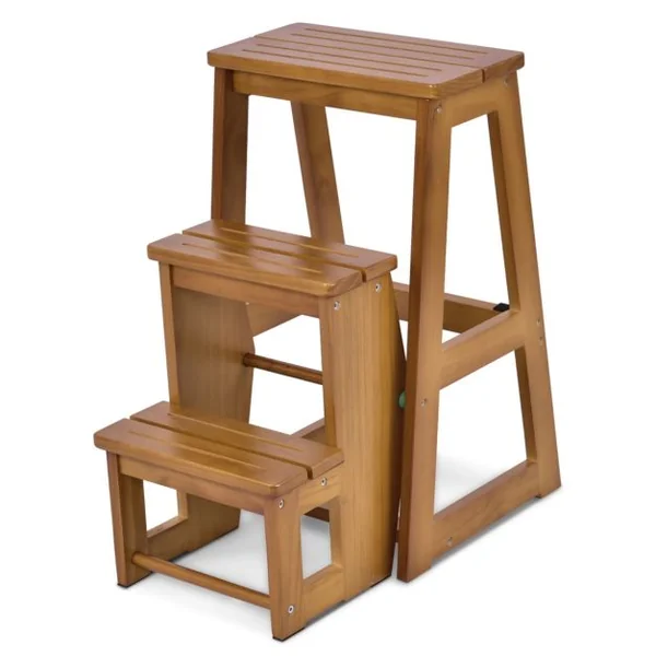 Marchepied 3 Marches Escabeau Pliant 3 Marches Siège Capacité 130-150kg en Bois de Sapin 57x38x65cm Couleur Brun/Naturel