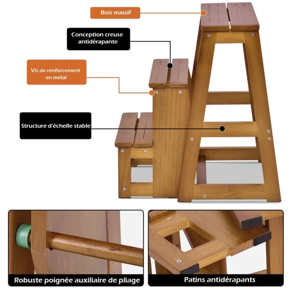 Marchepied 3 Marches Escabeau Pliant 3 Marches Siège Capacité 130-150kg en Bois de Sapin 57x38x65cm Couleur Brun/Naturel