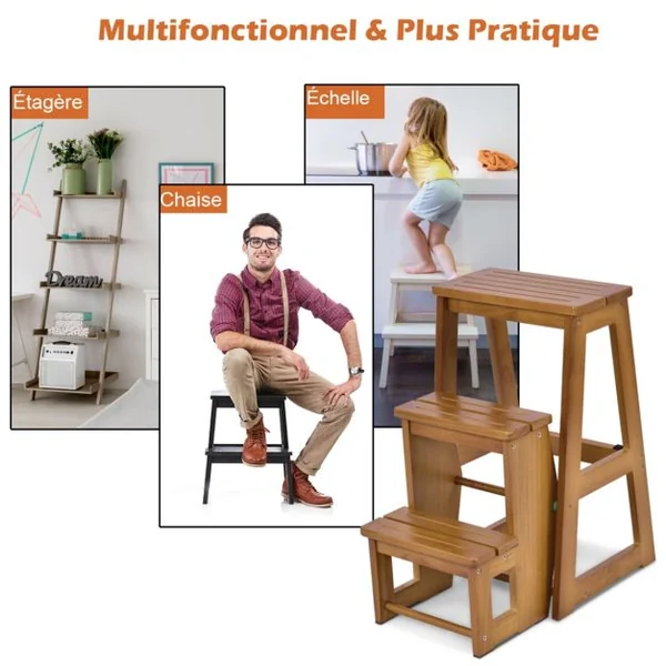 Marchepied 3 Marches Escabeau Pliant 3 Marches Siège Capacité 130-150kg en Bois de Sapin 57x38x65cm Couleur Brun/Naturel