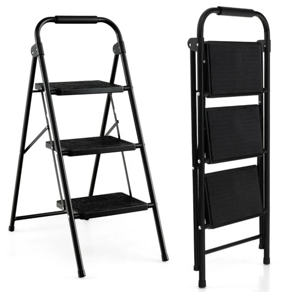 Marchepied 3 Marches Pliant Largie Cadre Métallique Lourd Pédale Antidérapante 64 x 39 x 90 cm Capacité 150 kg Noir