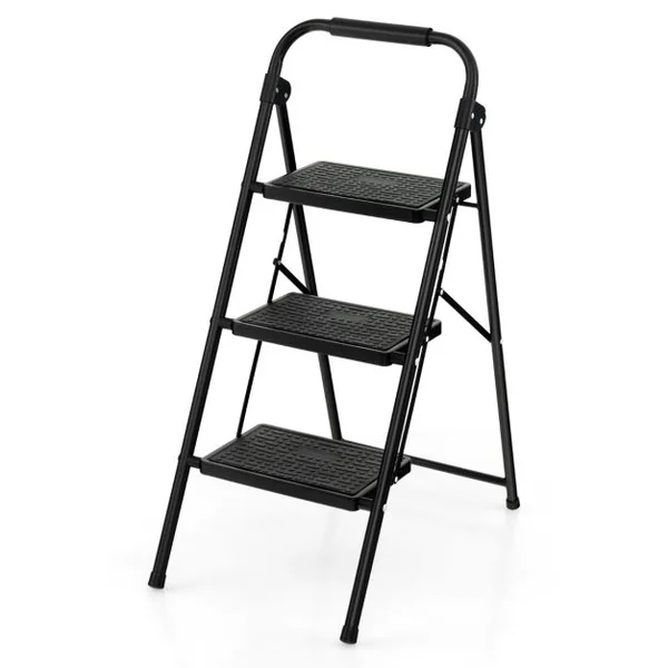 Marchepied 3 Marches Pliant Largie Cadre Métallique Lourd Pédale Antidérapante 64 x 39 x 90 cm Capacité 150 kg Noir