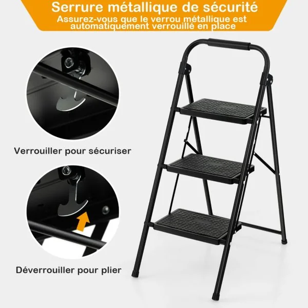 Marchepied 3 Marches Pliant Largie Cadre Métallique Lourd Pédale Antidérapante 64 x 39 x 90 cm Capacité 150 kg Noir