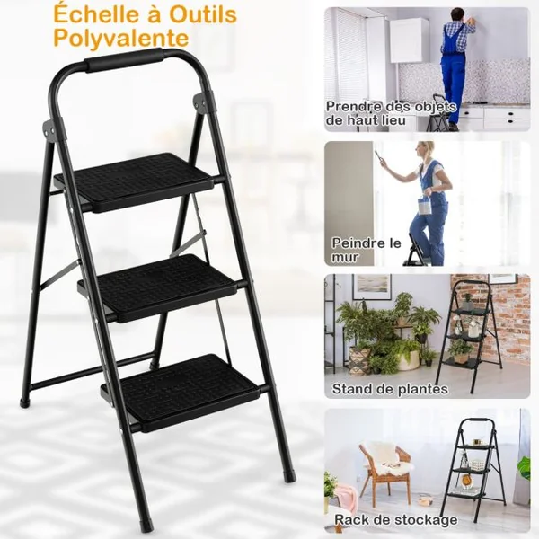 Marchepied 3 Marches Pliant Largie Cadre Métallique Lourd Pédale Antidérapante 64 x 39 x 90 cm Capacité 150 kg Noir