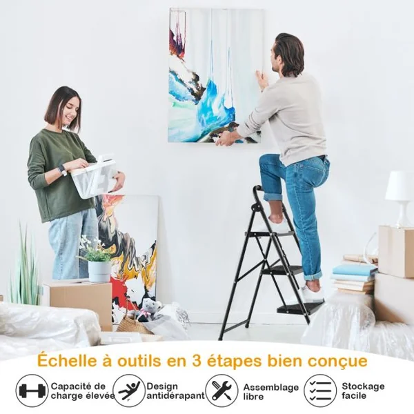 Marchepied 3 Marches Pliant Largie Cadre Métallique Lourd Pédale Antidérapante 64 x 39 x 90 cm Capacité 150 kg Noir