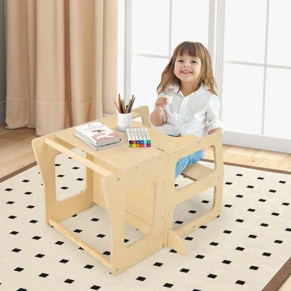 Marchepied Convertible et Pliable 3 en 1 pour Enfants Escabeau Montessori avec Tableau Noir Table et Tabouret Rail de Sécurité Naturel