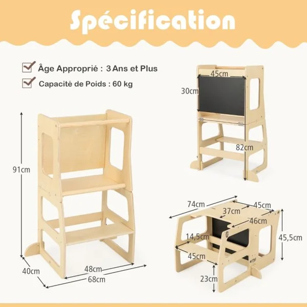 Marchepied Convertible et Pliable 3 en 1 pour Enfants Escabeau Montessori avec Tableau Noir Table et Tabouret Rail de Sécurité Naturel