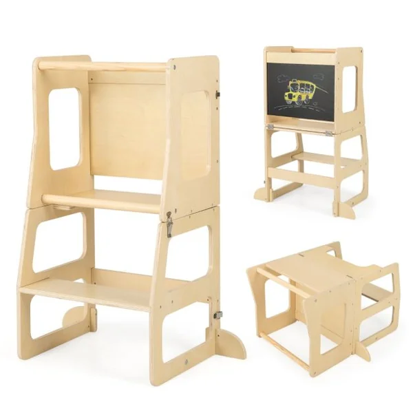Marchepied Convertible et Pliable 3 en 1 pour Enfants Escabeau Montessori avec Tableau Noir Table et Tabouret Rail de Sécurité Naturel