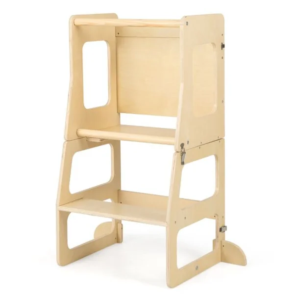 Marchepied Convertible et Pliable 3 en 1 pour Enfants Escabeau Montessori avec Tableau Noir Table et Tabouret Rail de Sécurité Naturel