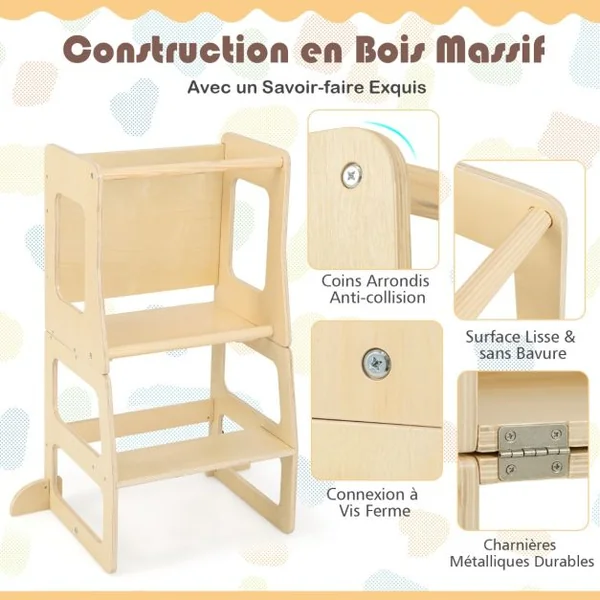 Marchepied Convertible et Pliable 3 en 1 pour Enfants Escabeau Montessori avec Tableau Noir Table et Tabouret Rail de Sécurité Naturel