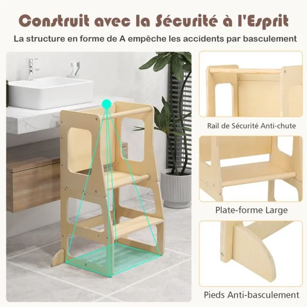 Marchepied Convertible et Pliable 3 en 1 pour Enfants Escabeau Montessori avec Tableau Noir Table et Tabouret Rail de Sécurité Naturel
