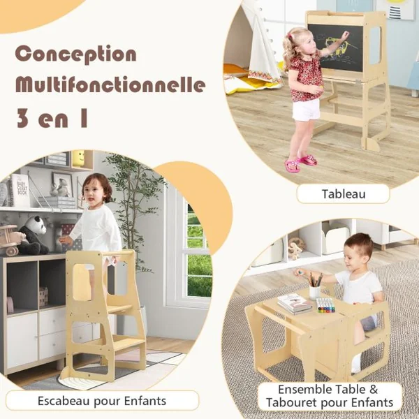Marchepied Convertible et Pliable 3 en 1 pour Enfants Escabeau Montessori avec Tableau Noir Table et Tabouret Rail de Sécurité Naturel