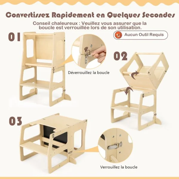 Marchepied Convertible et Pliable 3 en 1 pour Enfants Escabeau Montessori avec Tableau Noir Table et Tabouret Rail de Sécurité Naturel