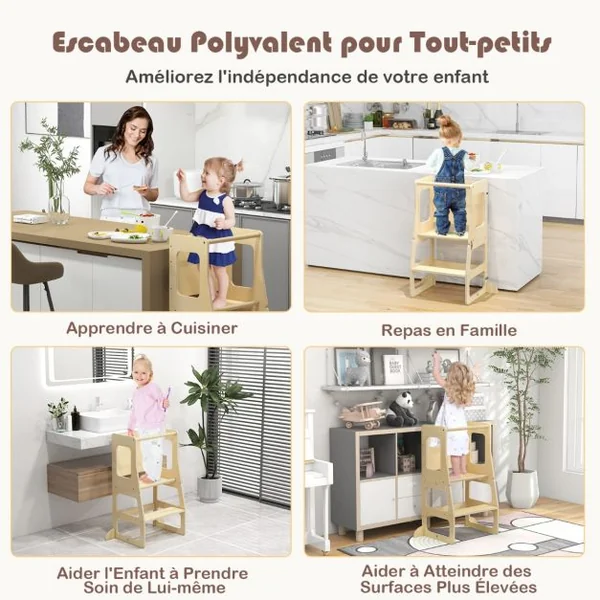 Marchepied Convertible et Pliable 3 en 1 pour Enfants Escabeau Montessori avec Tableau Noir Table et Tabouret Rail de Sécurité Naturel