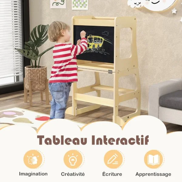 Marchepied Convertible et Pliable 3 en 1 pour Enfants Escabeau Montessori avec Tableau Noir Table et Tabouret Rail de Sécurité Naturel