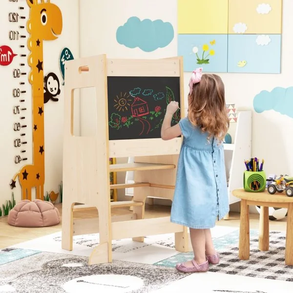 Marchepied de Cuisine Tabouret avec Tableau Noir d'Activités Hauteur Réglable et Rail de Sécurité pour les +3 Ans Blanc