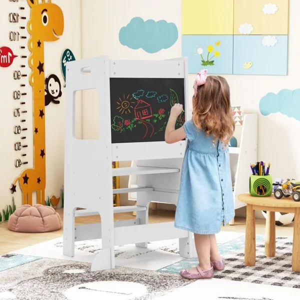 Marchepied de Cuisine Tabouret avec Tableau Noir d'Activités Hauteur Réglable et Rail de Sécurité pour les +3 Ans Blanc