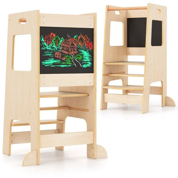 Marchepied de Cuisine Tabouret avec Tableau Noir d'Activités Hauteur Réglable et Rail de Sécurité pour les +3 Ans Blanc