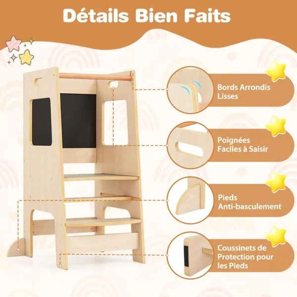 Marchepied de Cuisine Tabouret avec Tableau Noir d'Activités Hauteur Réglable et Rail de Sécurité pour les +3 Ans Blanc