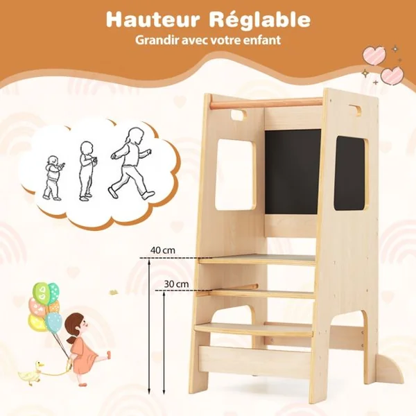 Marchepied de Cuisine Tabouret avec Tableau Noir d'Activités Hauteur Réglable et Rail de Sécurité pour les +3 Ans Blanc