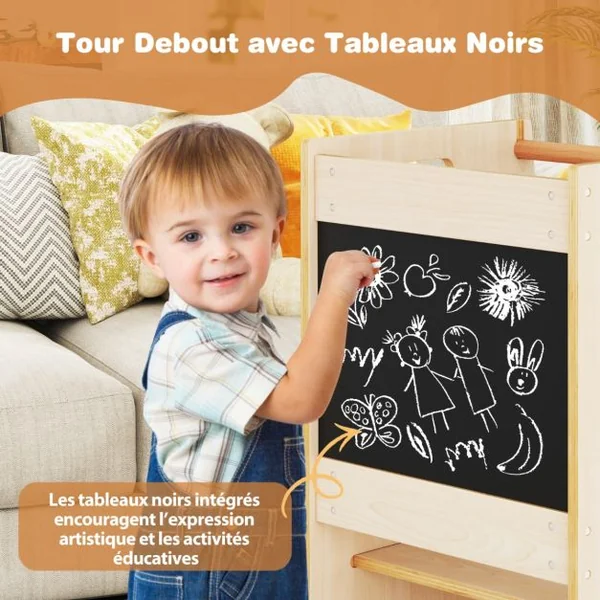 Marchepied de Cuisine Tabouret avec Tableau Noir d'Activités Hauteur Réglable et Rail de Sécurité pour les +3 Ans Blanc