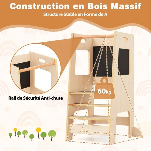 Marchepied de Cuisine Tabouret avec Tableau Noir d'Activités Hauteur Réglable et Rail de Sécurité pour les +3 Ans Blanc