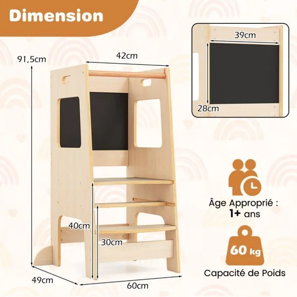 Marchepied de Cuisine Tabouret avec Tableau Noir d'Activités Hauteur Réglable et Rail de Sécurité pour les +3 Ans Blanc