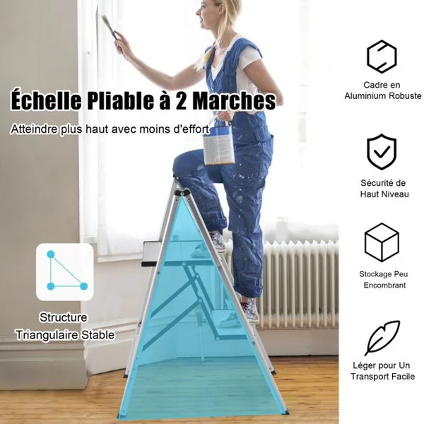 Marchepied Pliable 2 Marches en Aluminium Escabeau Portable avec Plateforme Large Marche Antidérapante Pieds en Caoutchouc Charge 150KG