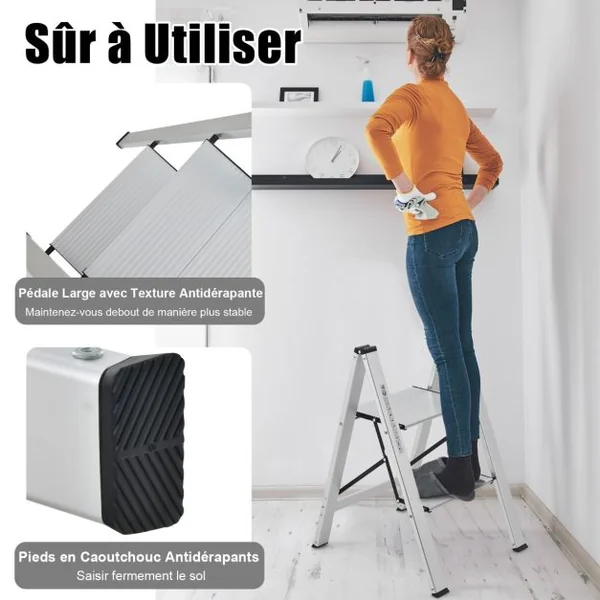 Marchepied Pliable 2 Marches en Aluminium Escabeau Portable avec Plateforme Large Marche Antidérapante Pieds en Caoutchouc Charge 150KG