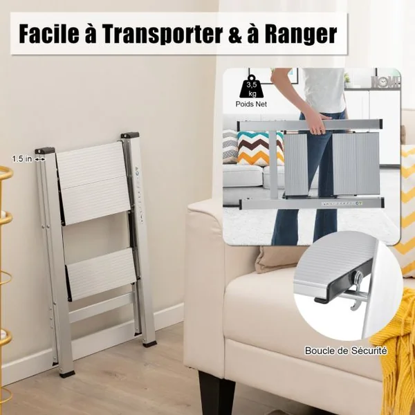 Marchepied Pliable 2 Marches en Aluminium Escabeau Portable avec Plateforme Large Marche Antidérapante Pieds en Caoutchouc Charge 150KG