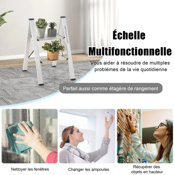 Marchepied Pliable 2 Marches en Aluminium Escabeau Portable avec Plateforme Large Marche Antidérapante Pieds en Caoutchouc Charge 150KG
