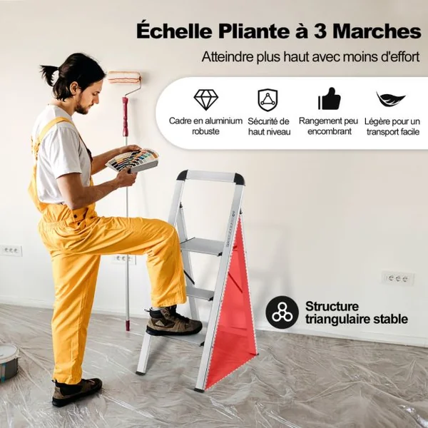 Marchepied Pliable 3 Marches en Aluminium Escabeau Portable avec Plateforme Large Marche Antidérapante Pieds en Caoutchouc Charge 150KG 62 x 44 x 109 cm